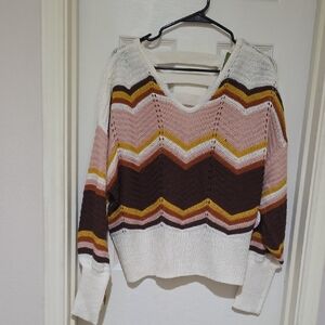 Chevron V-Neck Sweater in Cream, Pink, and Brown